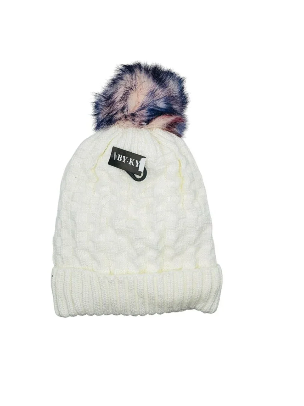 BY:KY Womens White Knit Beanie With Multicolor Faux Fur Pom & Fleece Lining